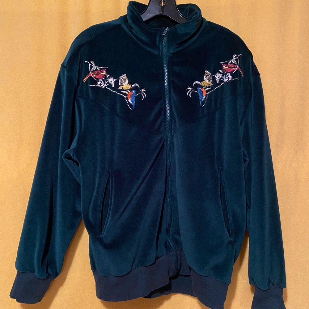 Embroidered Birds Turtle Neck Zip-Up